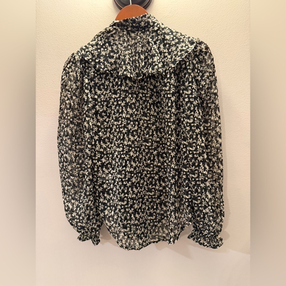 Bishop + Young Floral Bow Ruffle Blouse‎ Black White Sheer XS NEW - Picture 3 of 7